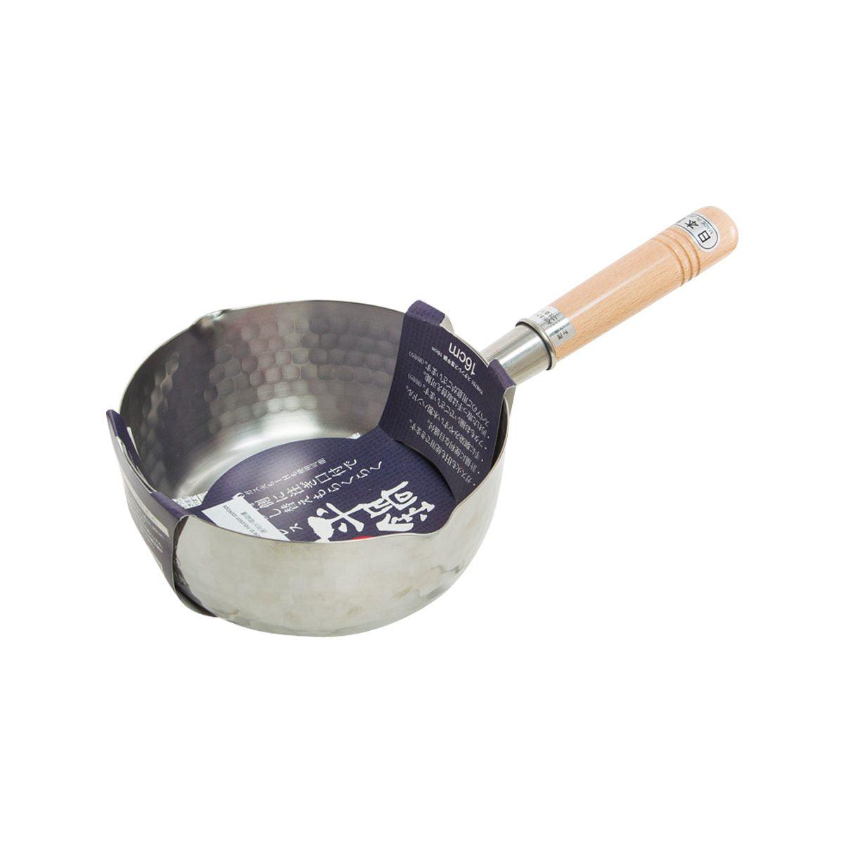 Stainless steel yukihira sauce pot with hammered finish and wooden handle