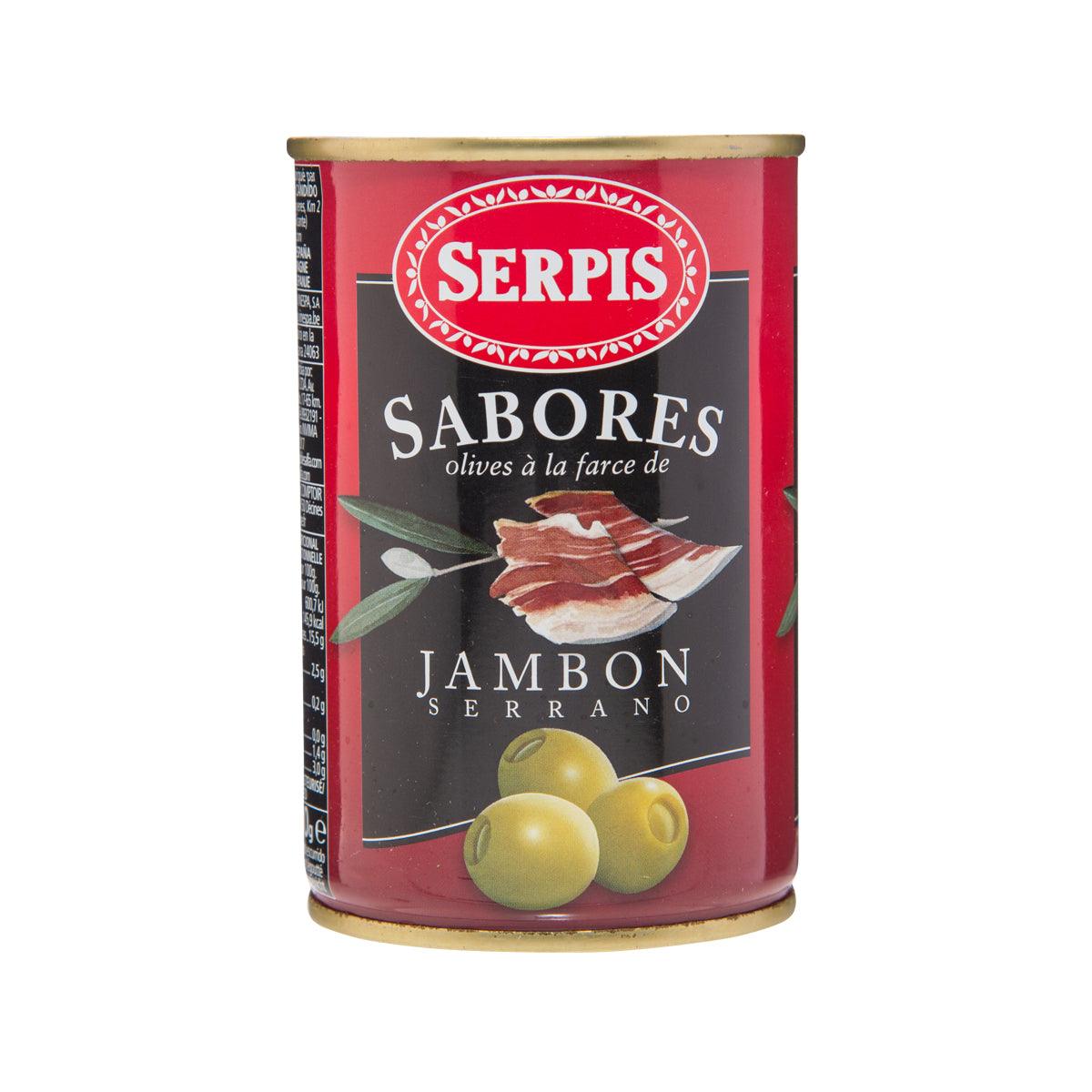 SERPIS olives with cured ham tin, red/black label with green olives and ham