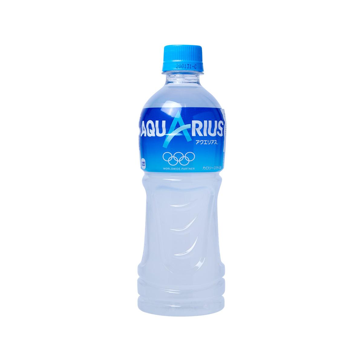 AQUARIUS sports drink bottle with blue cap and blue front label, 500 mL