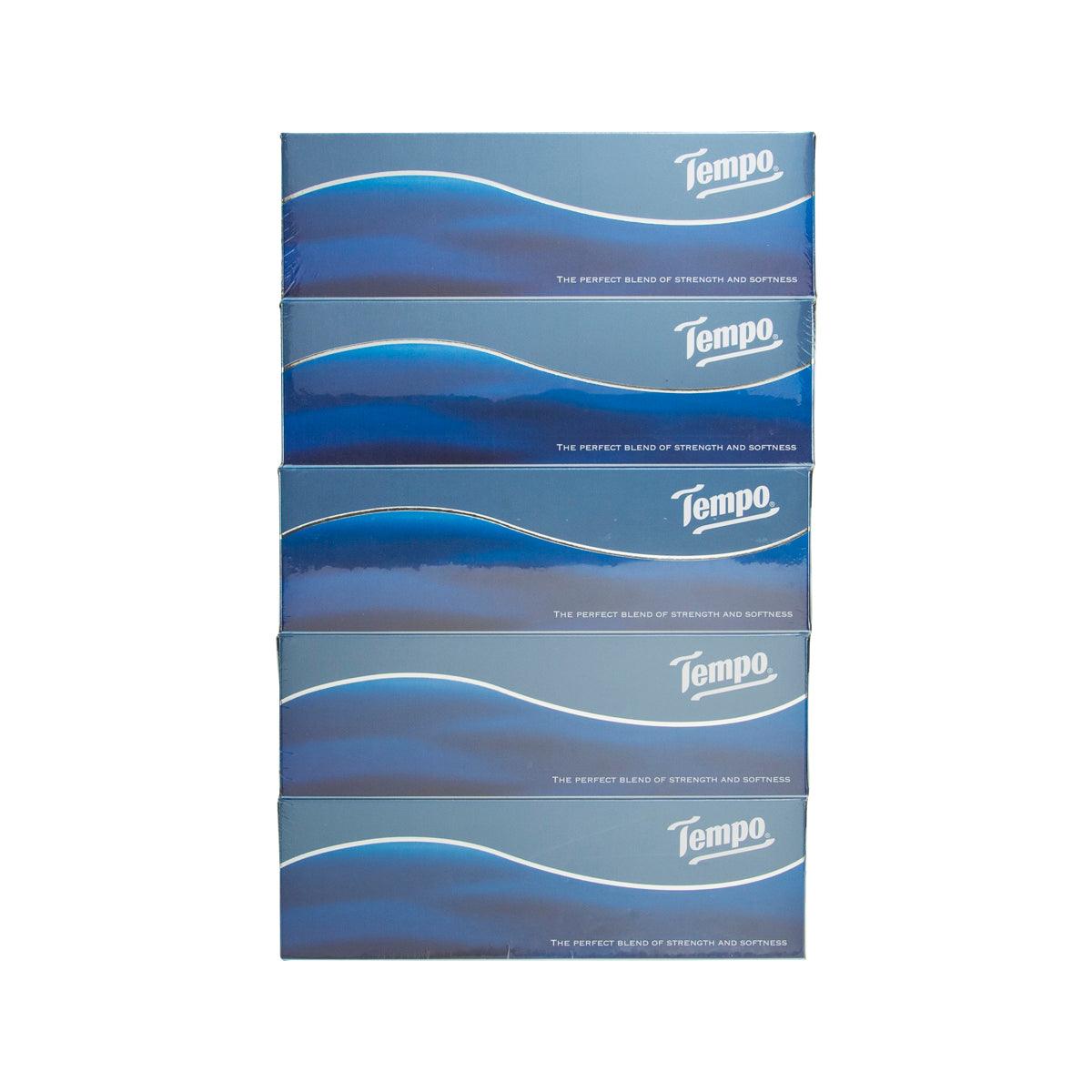 Tempo facial tissue box set: 5 blue cartons with wavy logo