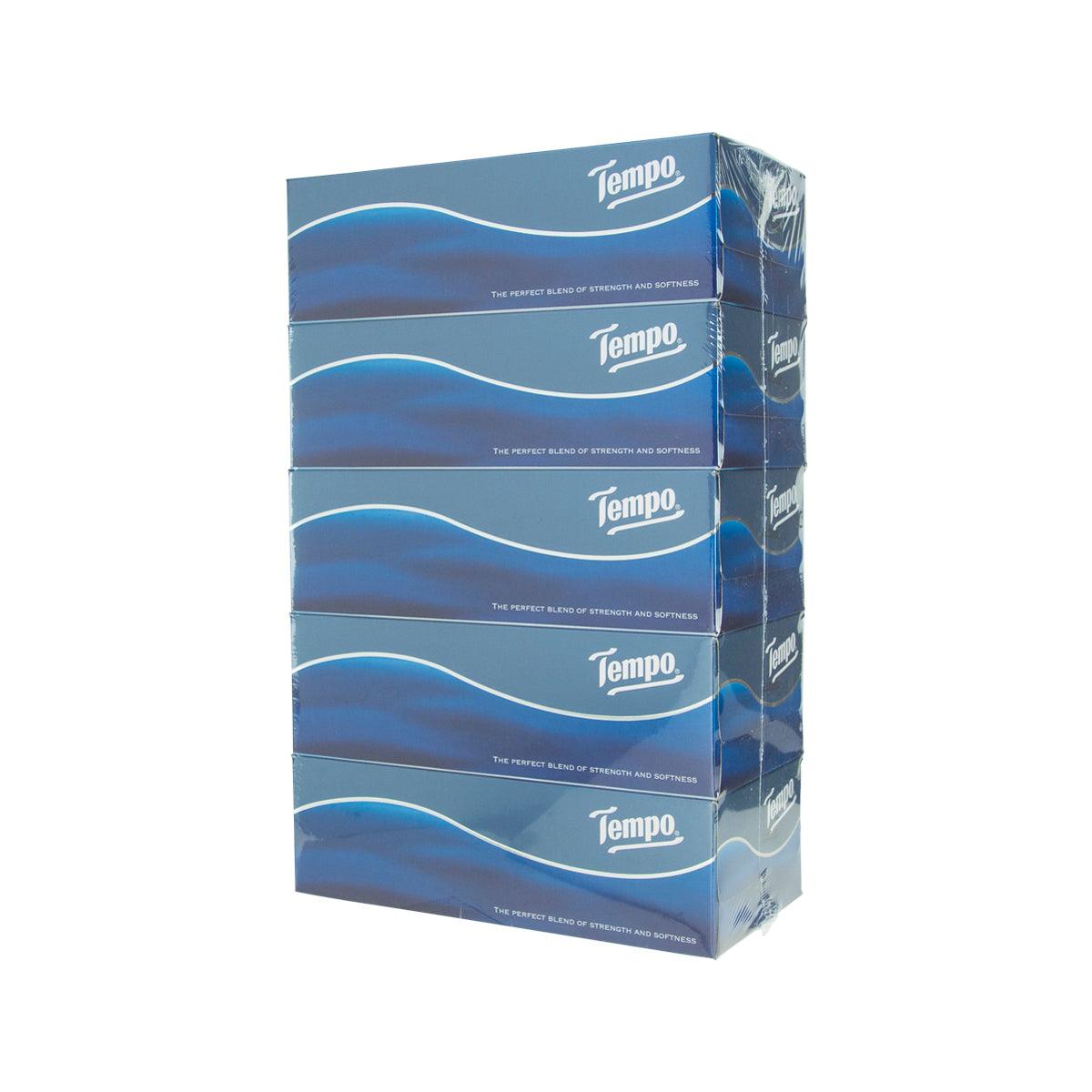Tempo facial tissue box set of 5, blue cartons shown from side