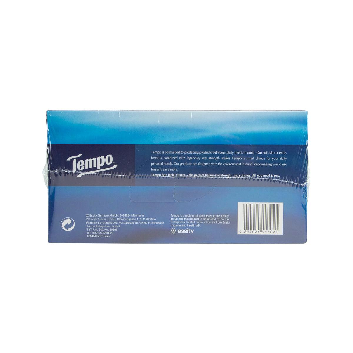 Tempo facial tissue box set, blue back panel with barcode and text
