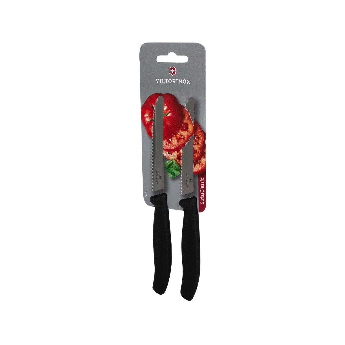 VICTORINOX two tomato paring knives, gray blades, black handles, blister pack