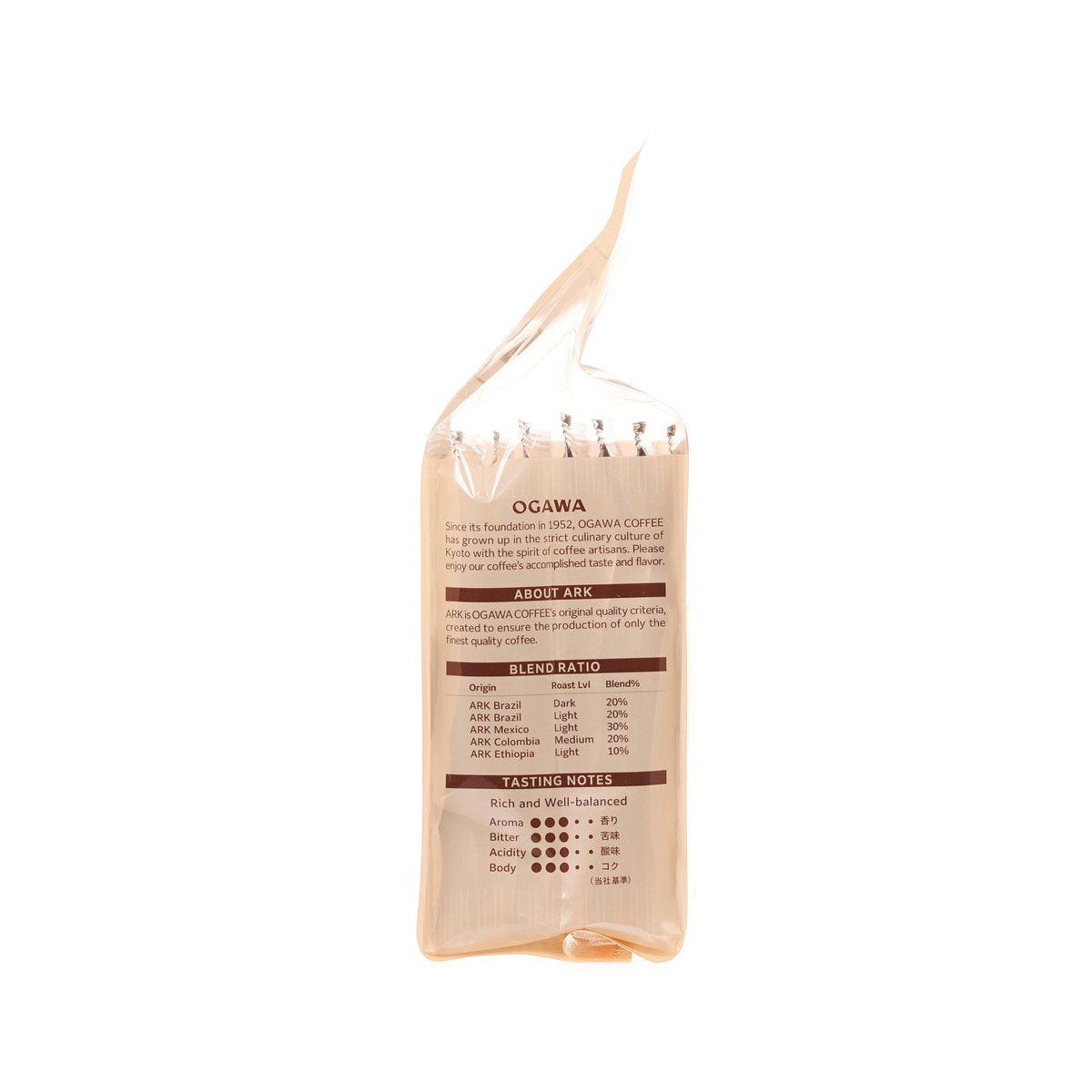 OGAWA drip coffee sachet showing ingredient, blend, and tasting notes on back