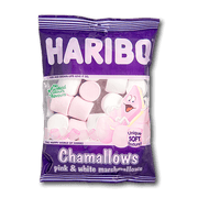 HARIBO chamallows bag with pink and white marshmallow cubes, soft texture claim