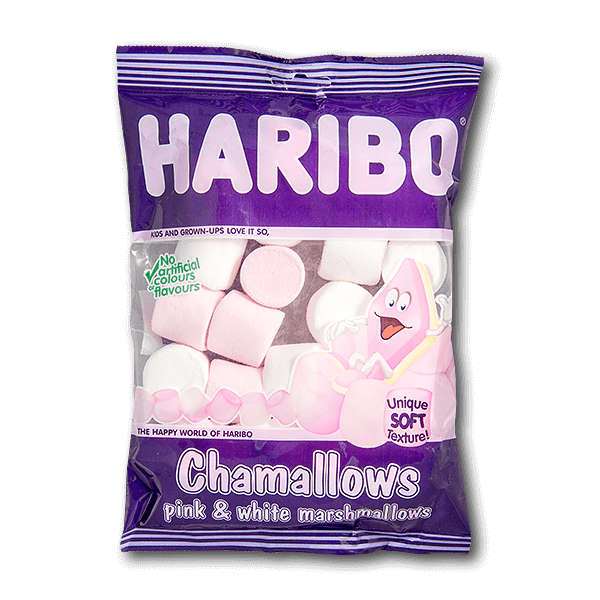 HARIBO chamallows bag with pink and white marshmallow cubes, soft texture claim