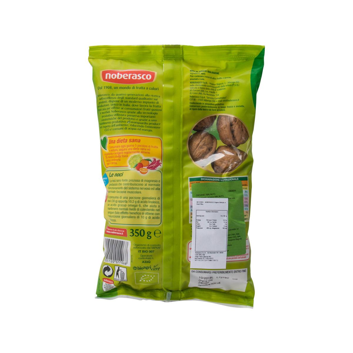 NOBERASCO organic raw walnuts in-shell bag, back panel with nutrition and details