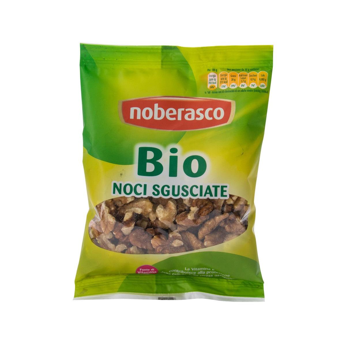Organic shelled raw walnut bag, 80 g, front with walnut pieces in window