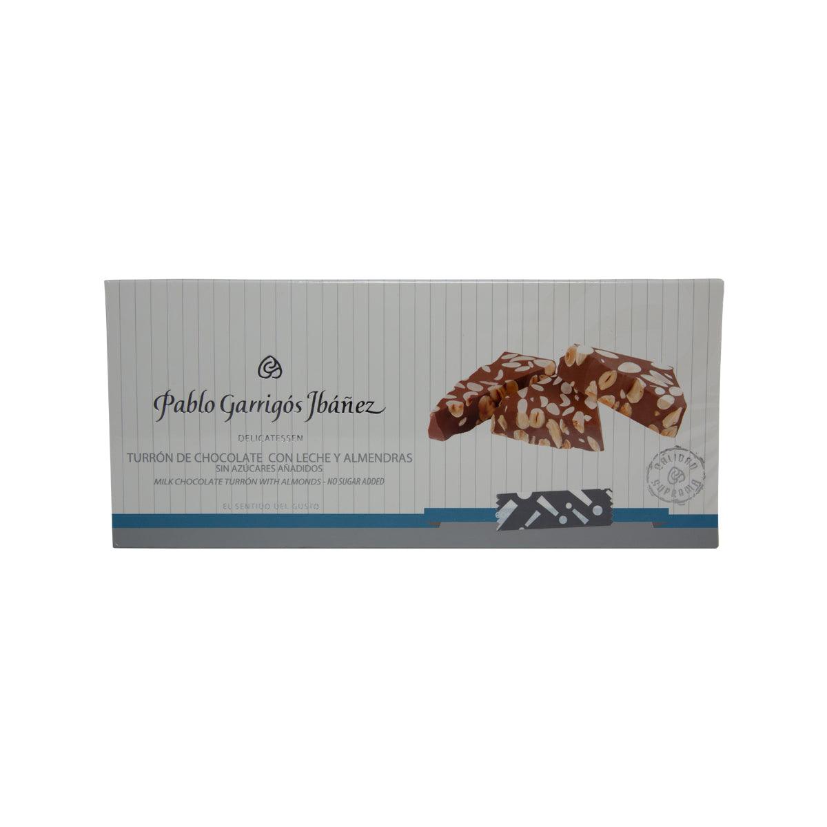 Milk chocolate turron box with almonds, no-sugar-added label, Pablo Garrigos Ibanez