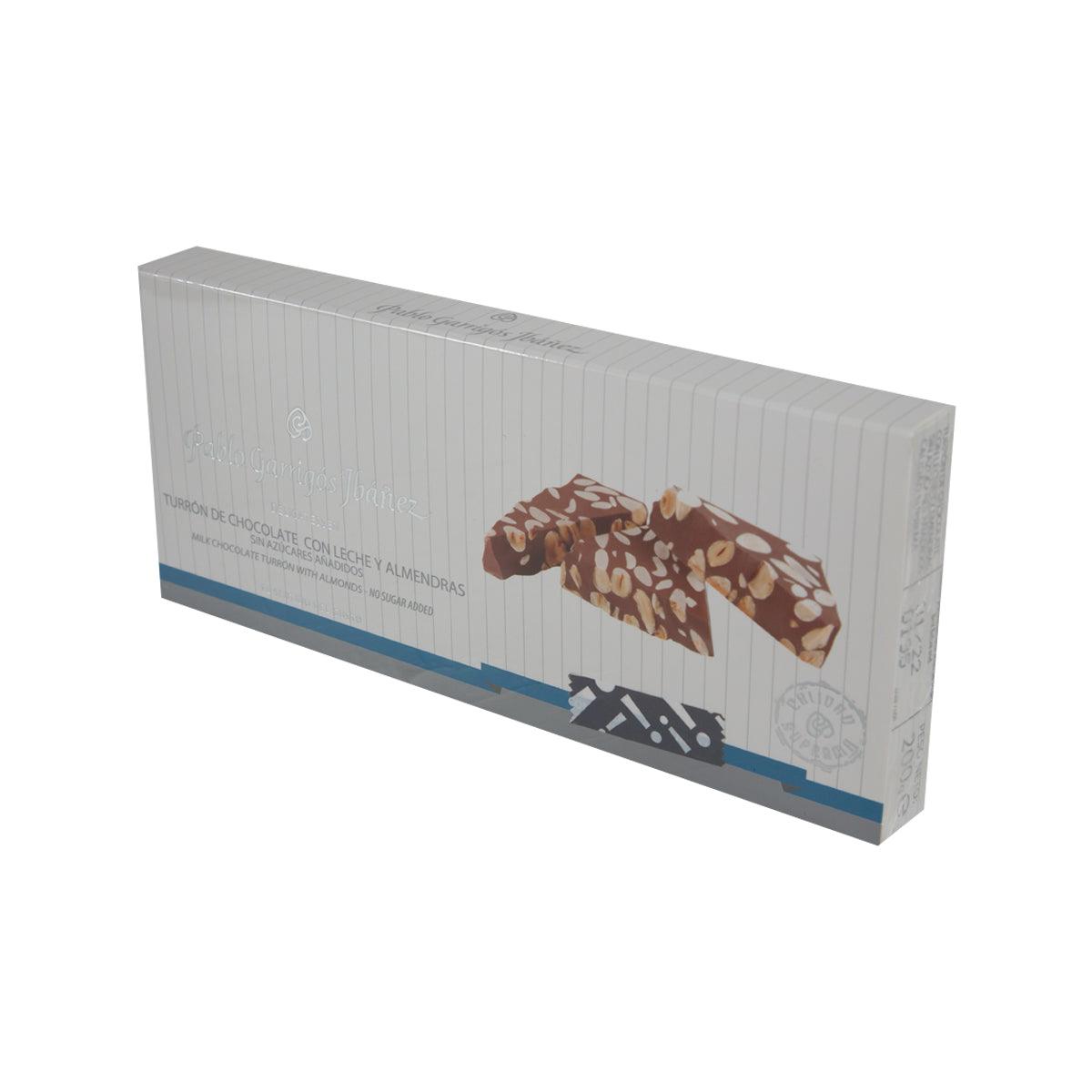 Milk chocolate turron carton side view with almond-topping illustration and branding