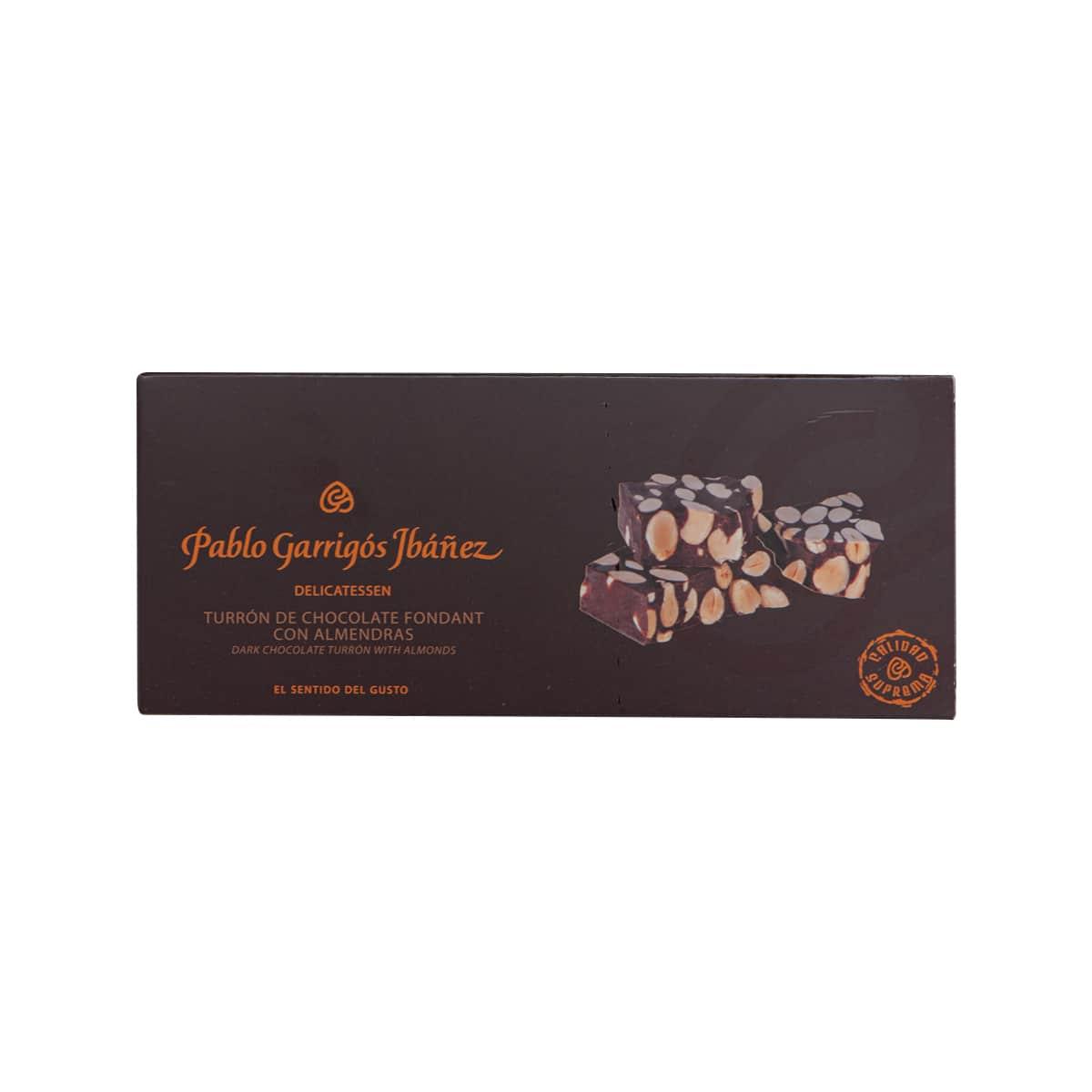 Dark chocolate almond turron gift box, front view with brand logo and tray graphic