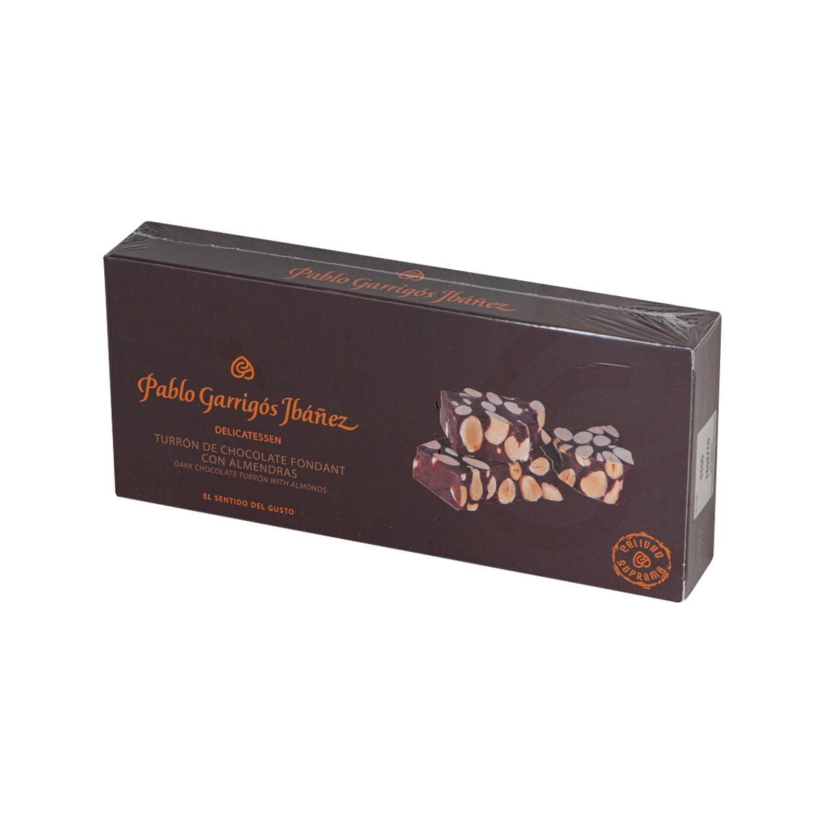 Dark chocolate almond turron gift box, angled side view with product graphics