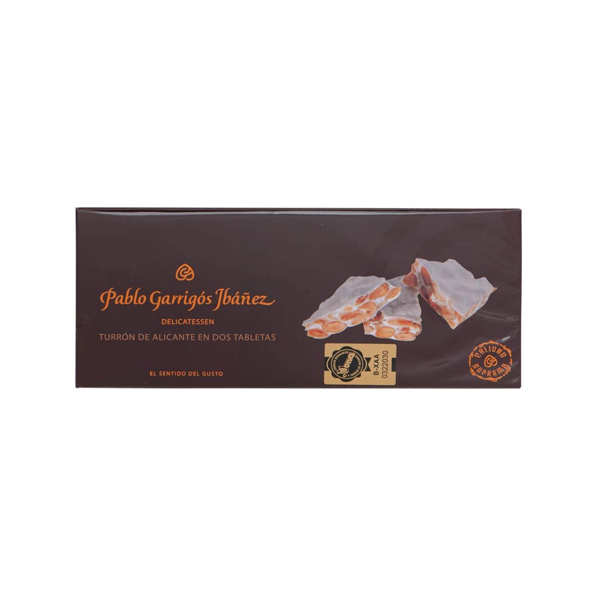 Alicante nougat gift box, brown carton with branding and nougat piece graphics