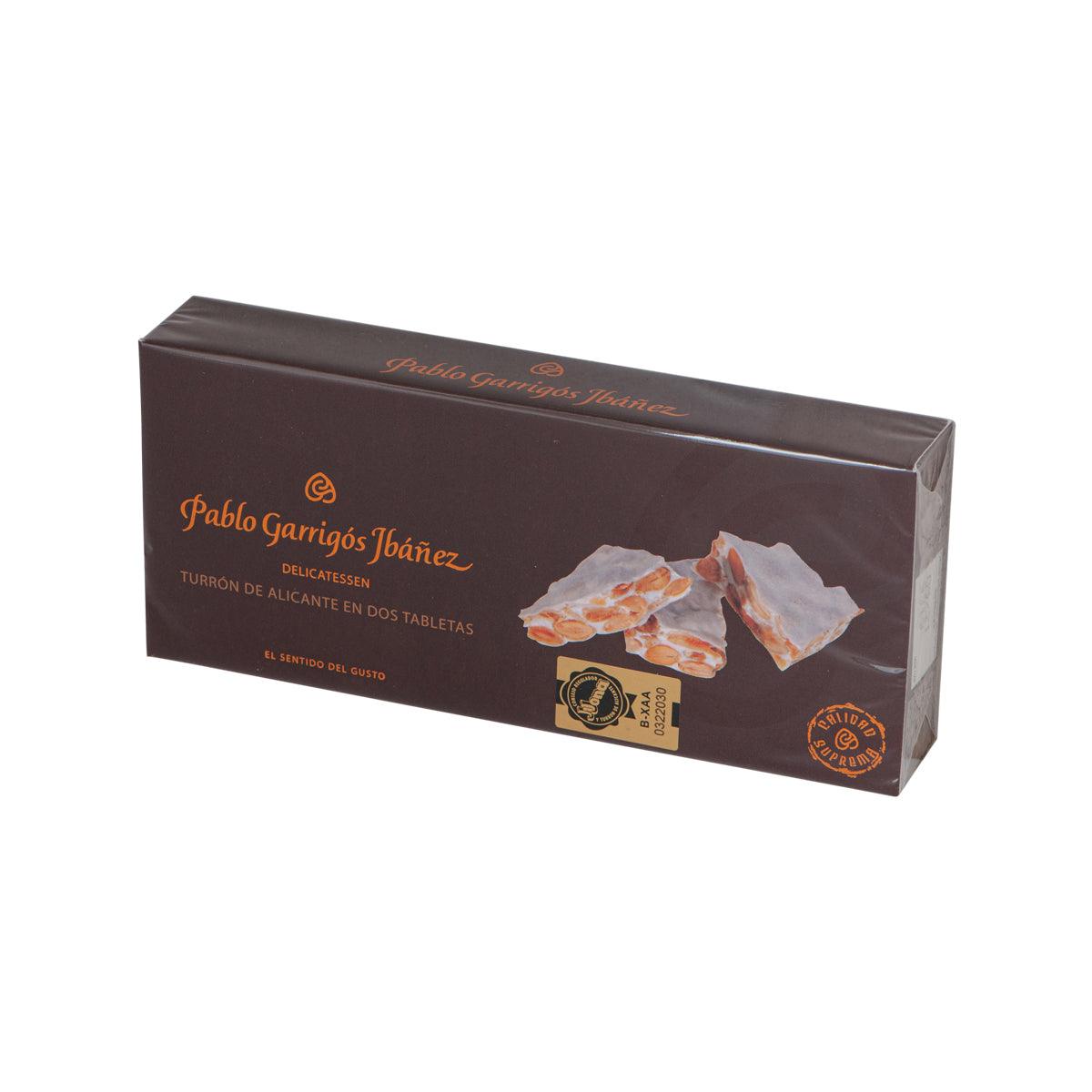 Alicante nougat gift box, brown carton shown from the side with nougat graphics
