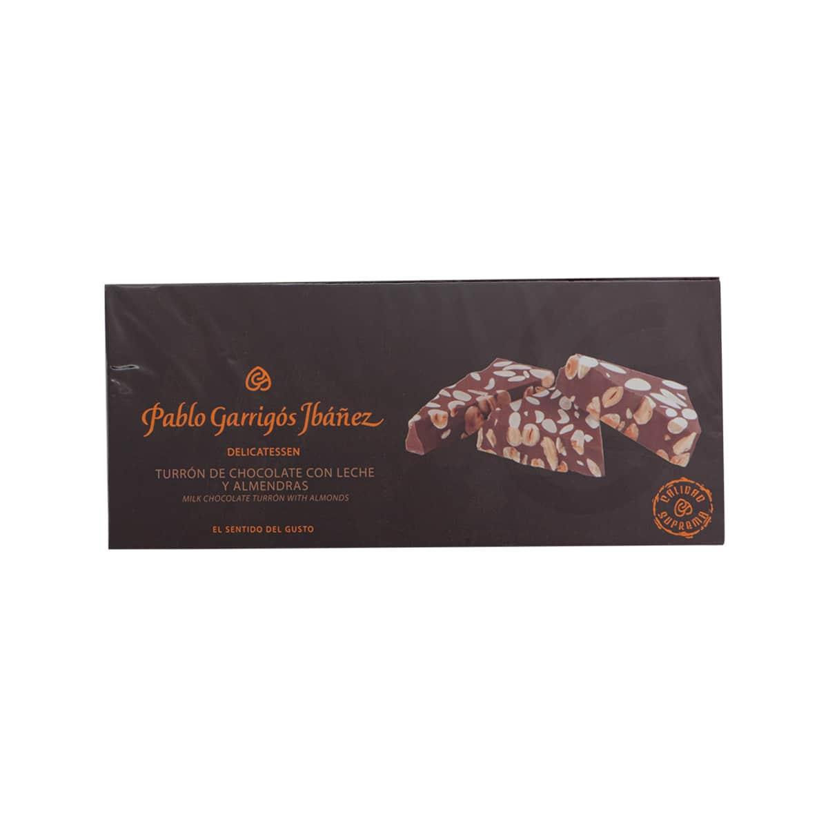 Chocolate almond nougat (turron) gift package, brown box with illustrated bars