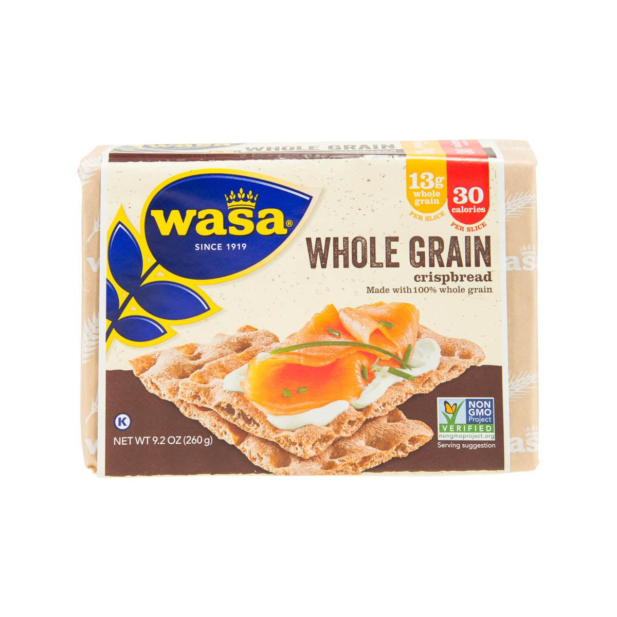 WASA whole grain crispbread box with crackers and orange spread on front