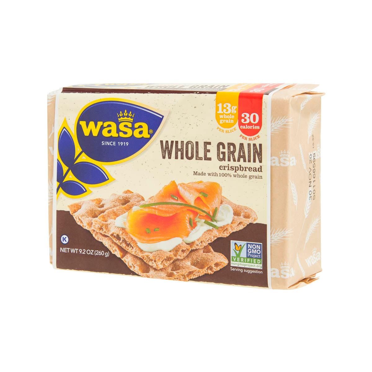 WASA whole grain crispbread box, side view with crispbread and orange toppings