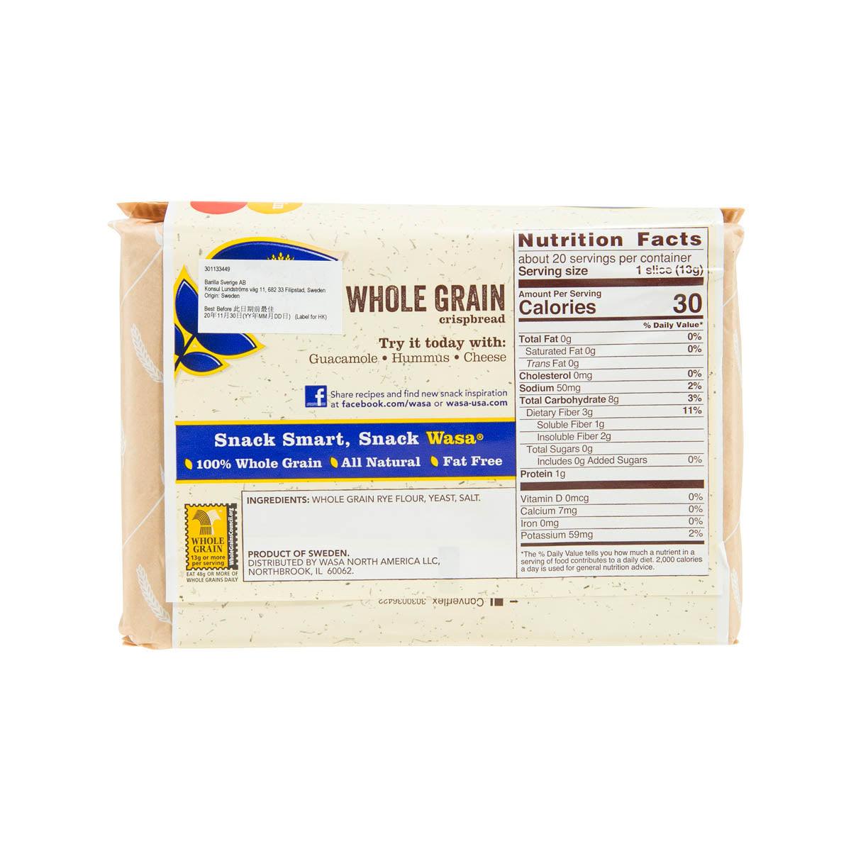 WASA whole grain crispbread package back panel with ingredients and serving info
