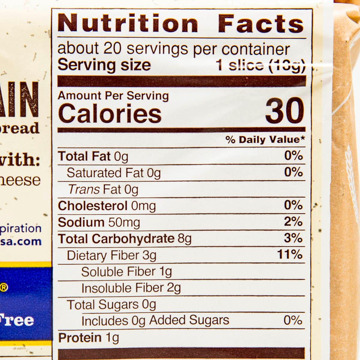 Nutrition Facts panel showing 30 calories and daily values for crispbread
