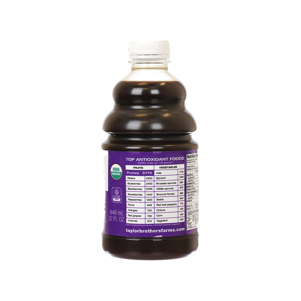 TAYLOR organic prune juice bottle, 946 mL PET, back label view