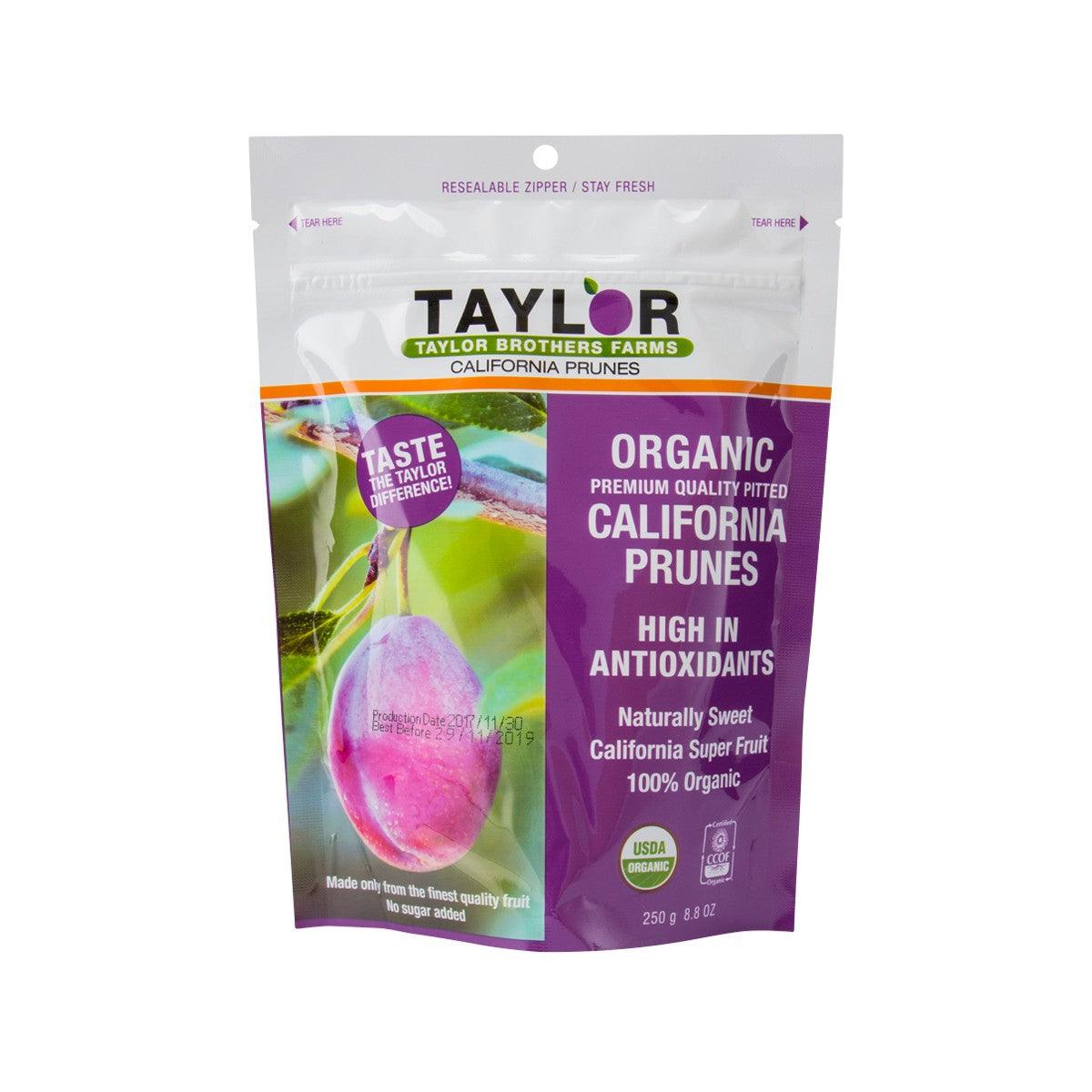 Organic pitted California prunes bag, 250g, TAYLOR Brothers Farms front view