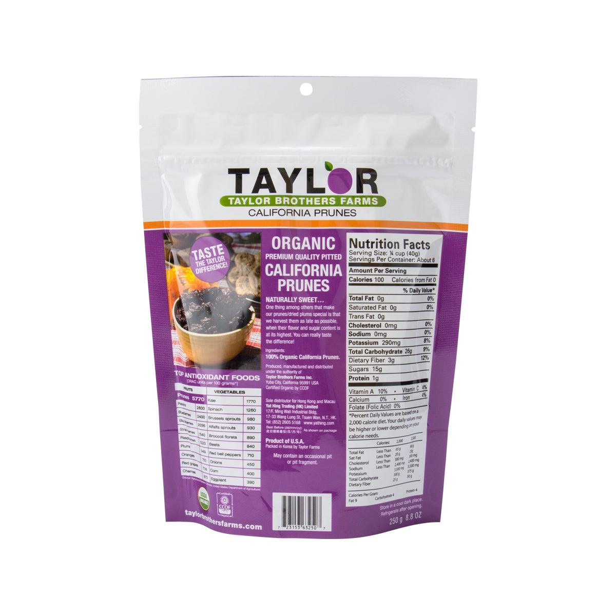 Organic pitted California prunes bag, 250g, TAYLOR label back with nutrition facts