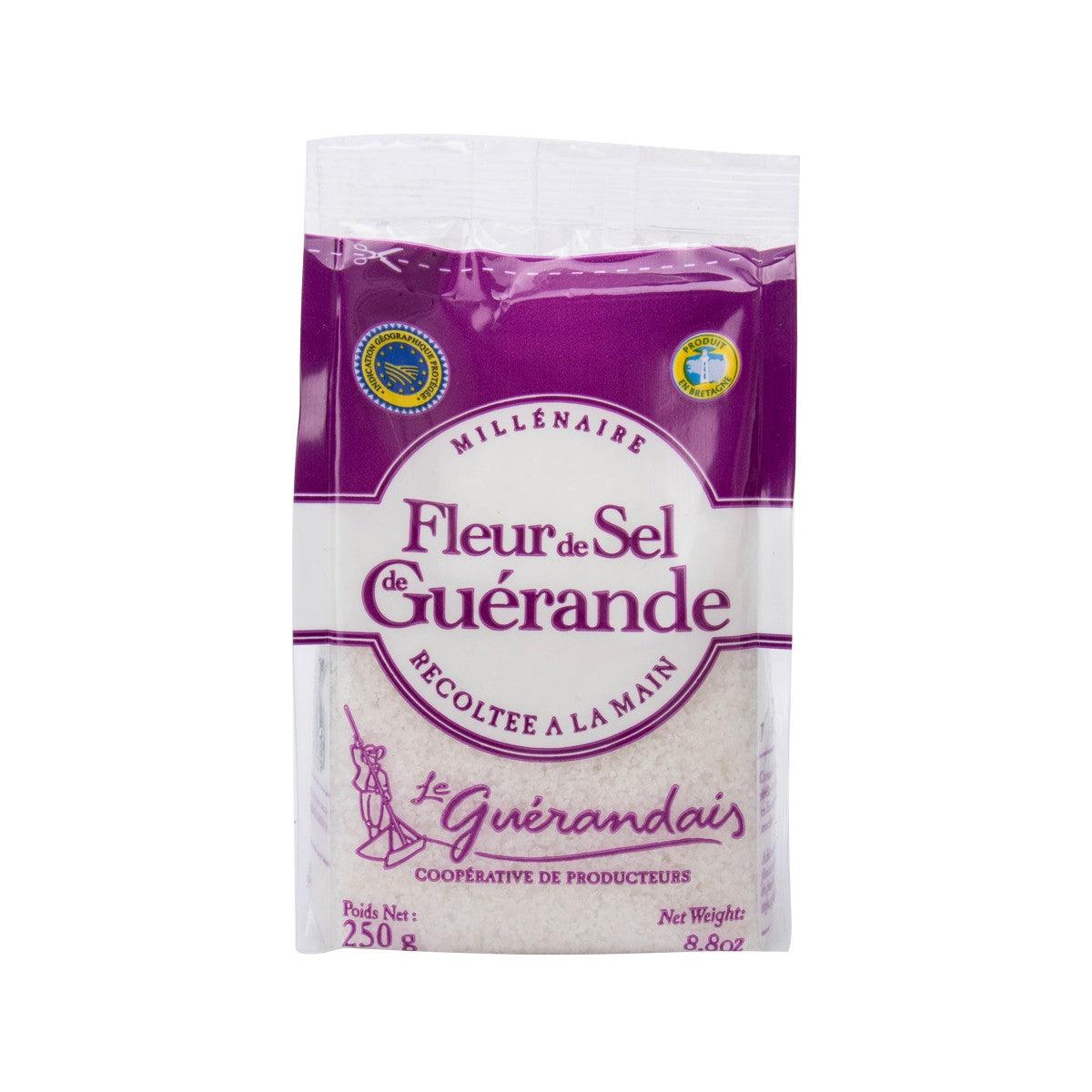 Flower sea salt pouch, purple and white label, 250 g net weight