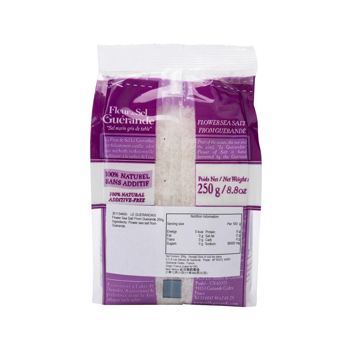Flower sea salt pouch back, purple and white, 250 g net weight
