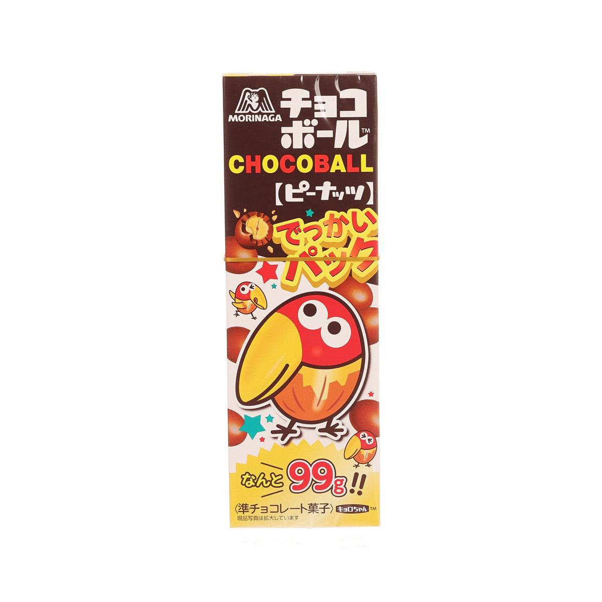 Peanut chocolate ball box with MORINAGA branding and penguin character front