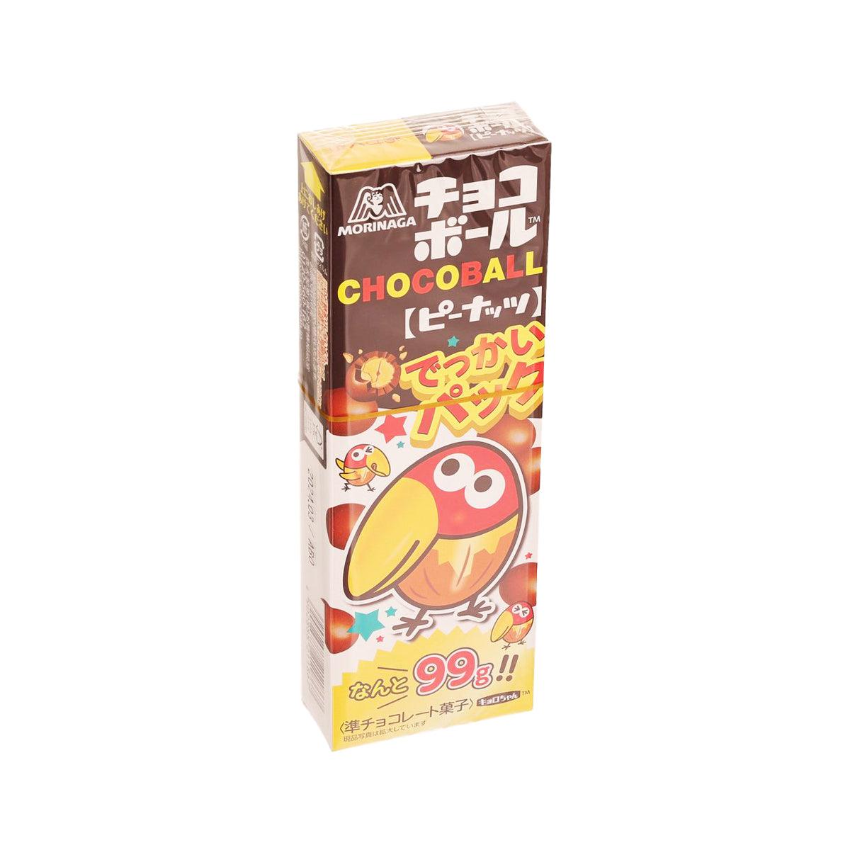 Peanut chocolate ball box with MORINAGA branding and penguin character side panel