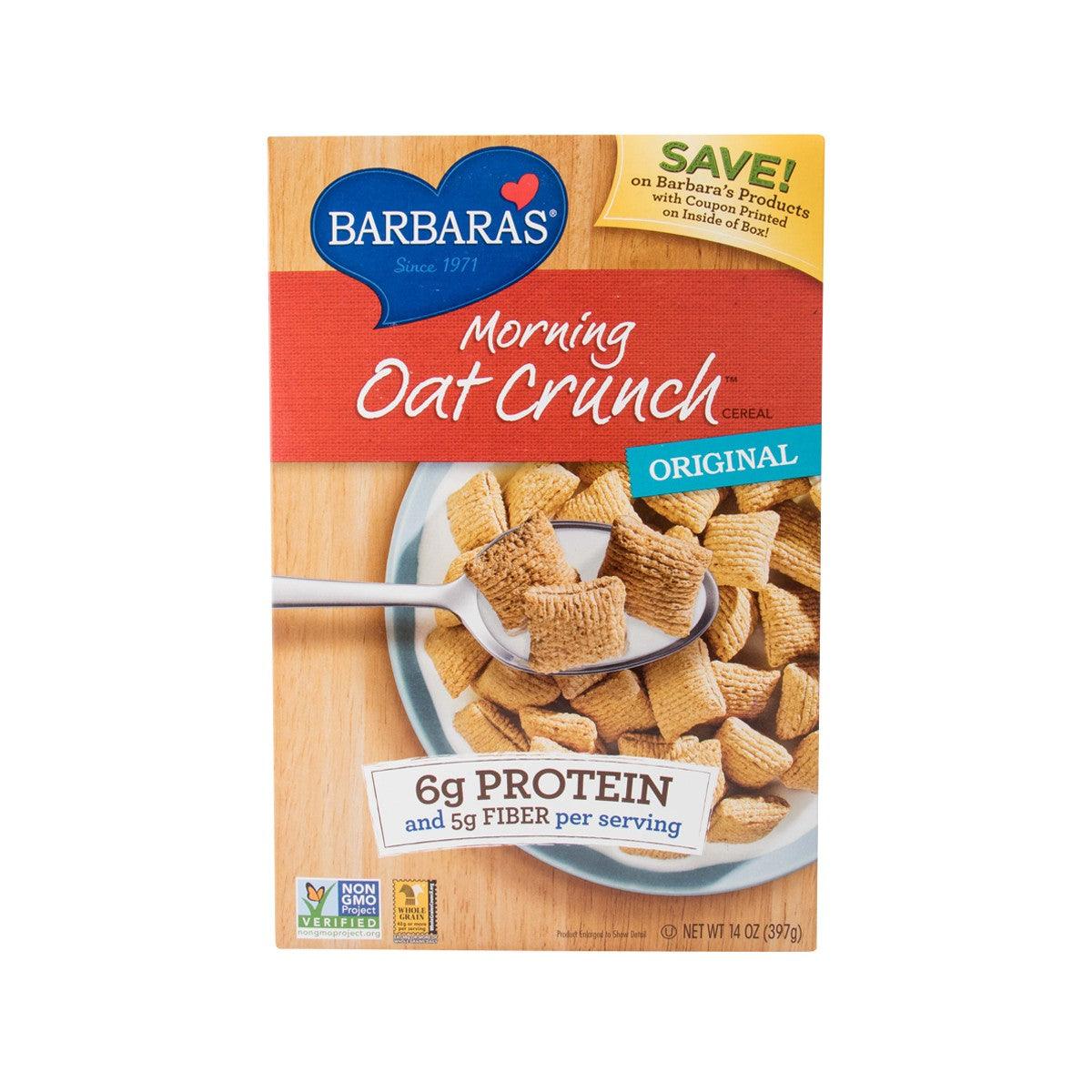 BARBARA'S oat crunch cereal box, original, with spoon and oat clusters