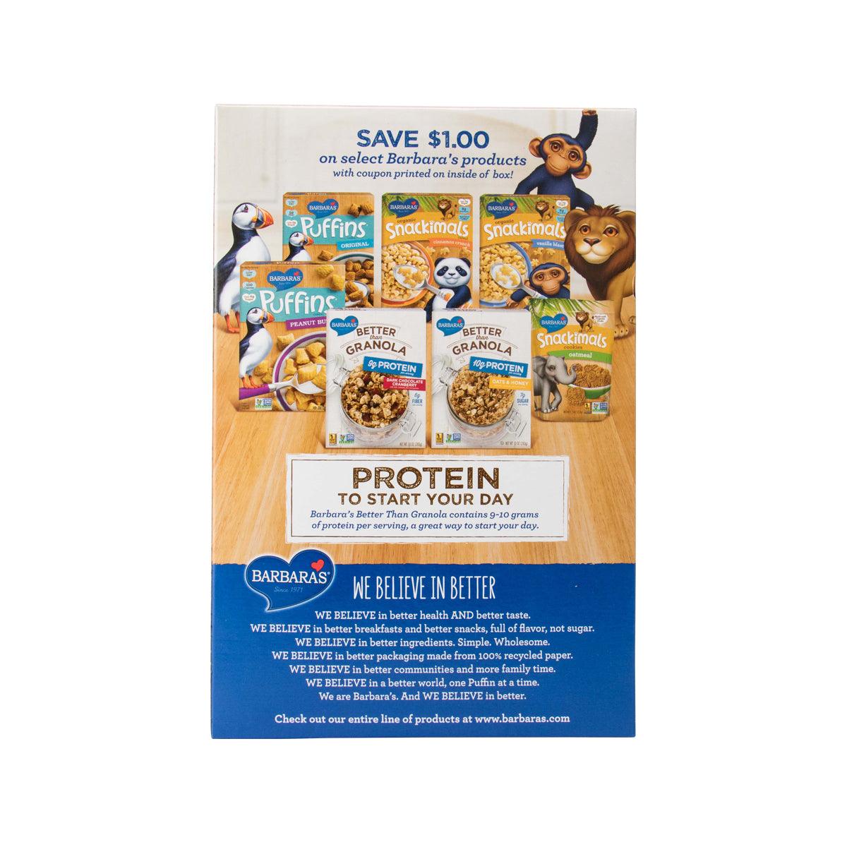 BARBARA'S oat crunch cereal box back panel with protein message