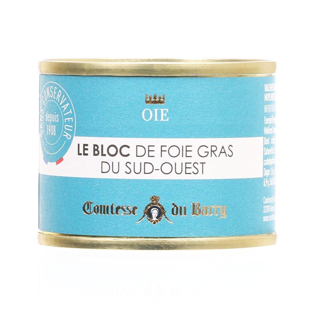 Goose foie gras block jar with blue label and gold lid