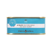 Goose foie gras block in blue metal tin with gold lid