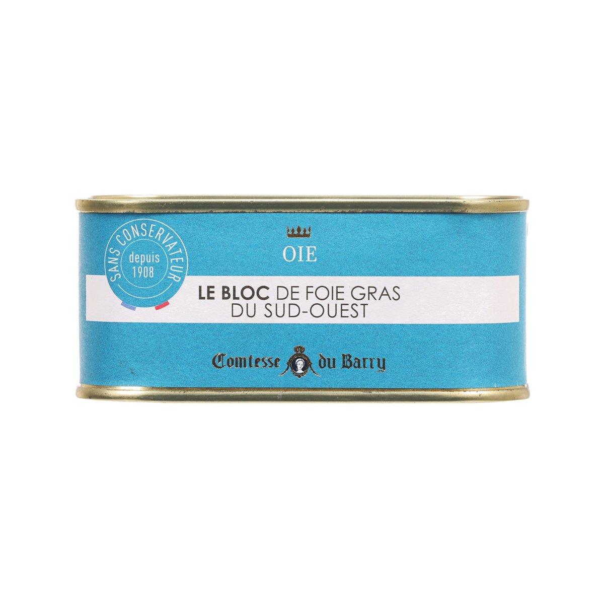 Goose foie gras block in blue metal tin with gold lid
