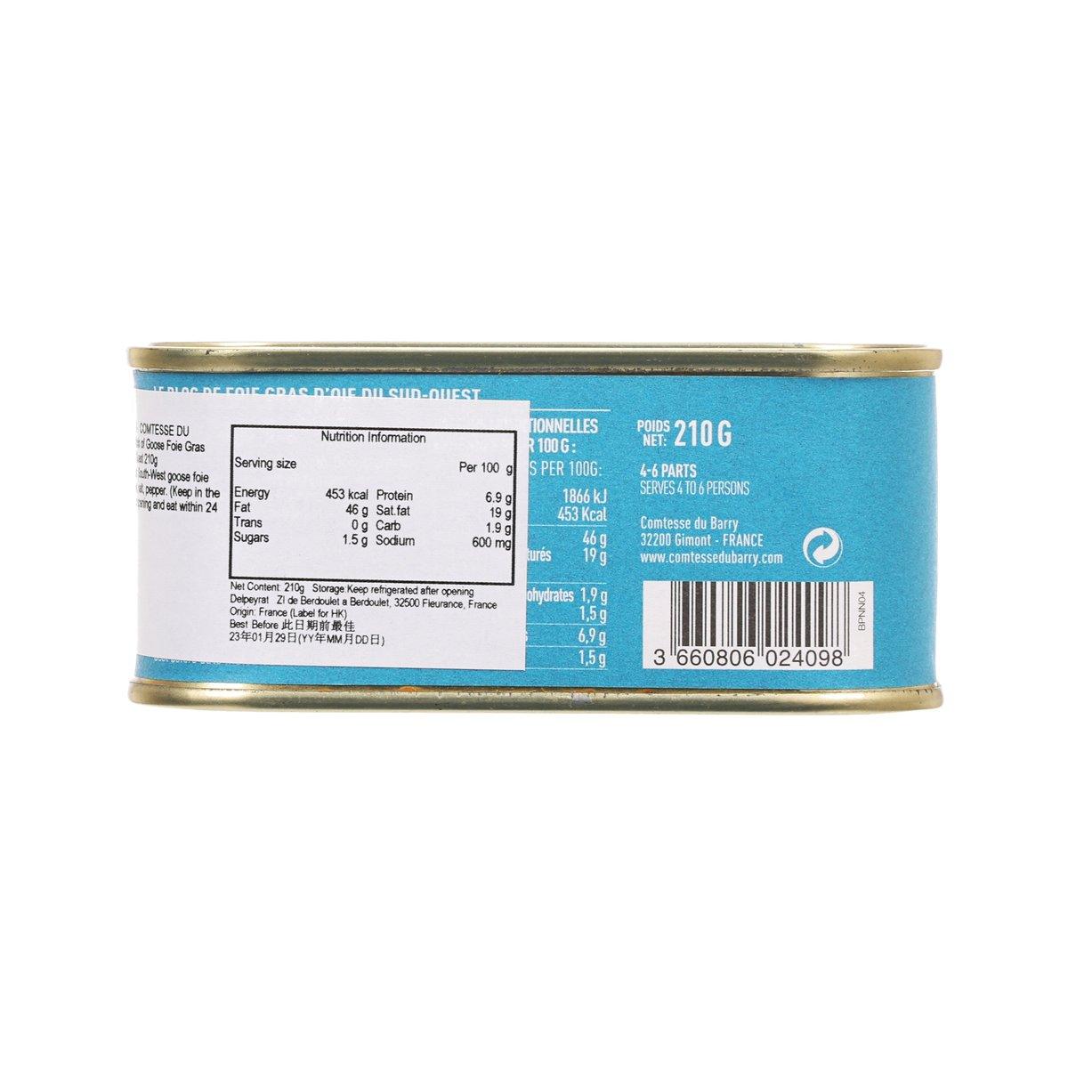 Goose foie gras block tin back label with nutrition facts and 210 g