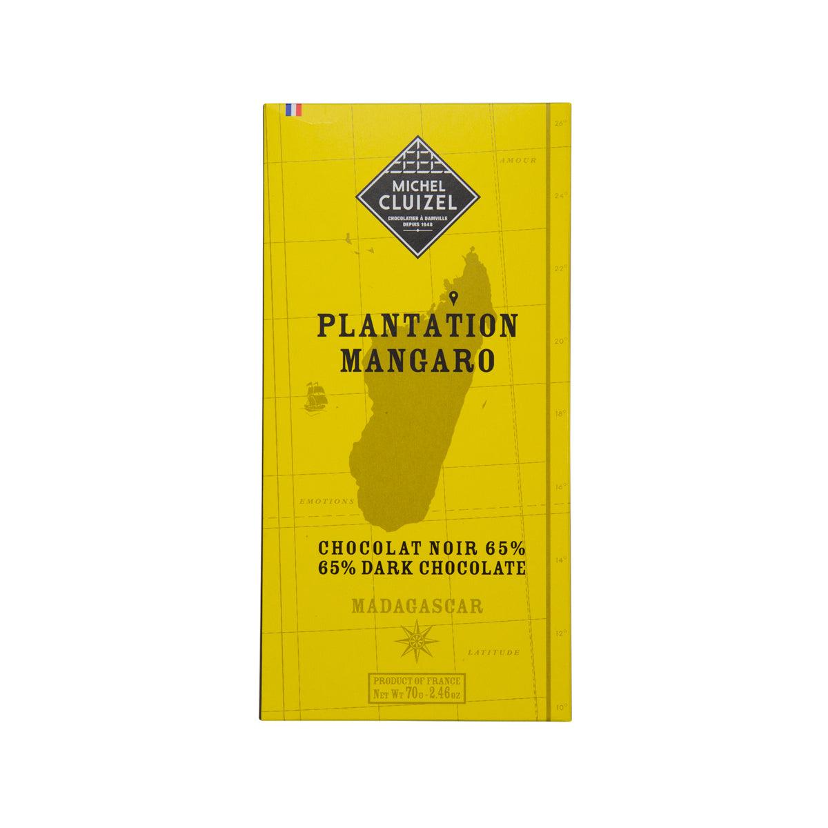 Dark chocolate bar in yellow CLUIZEL Plantation Mangaro wrapper, 65% cocoa
