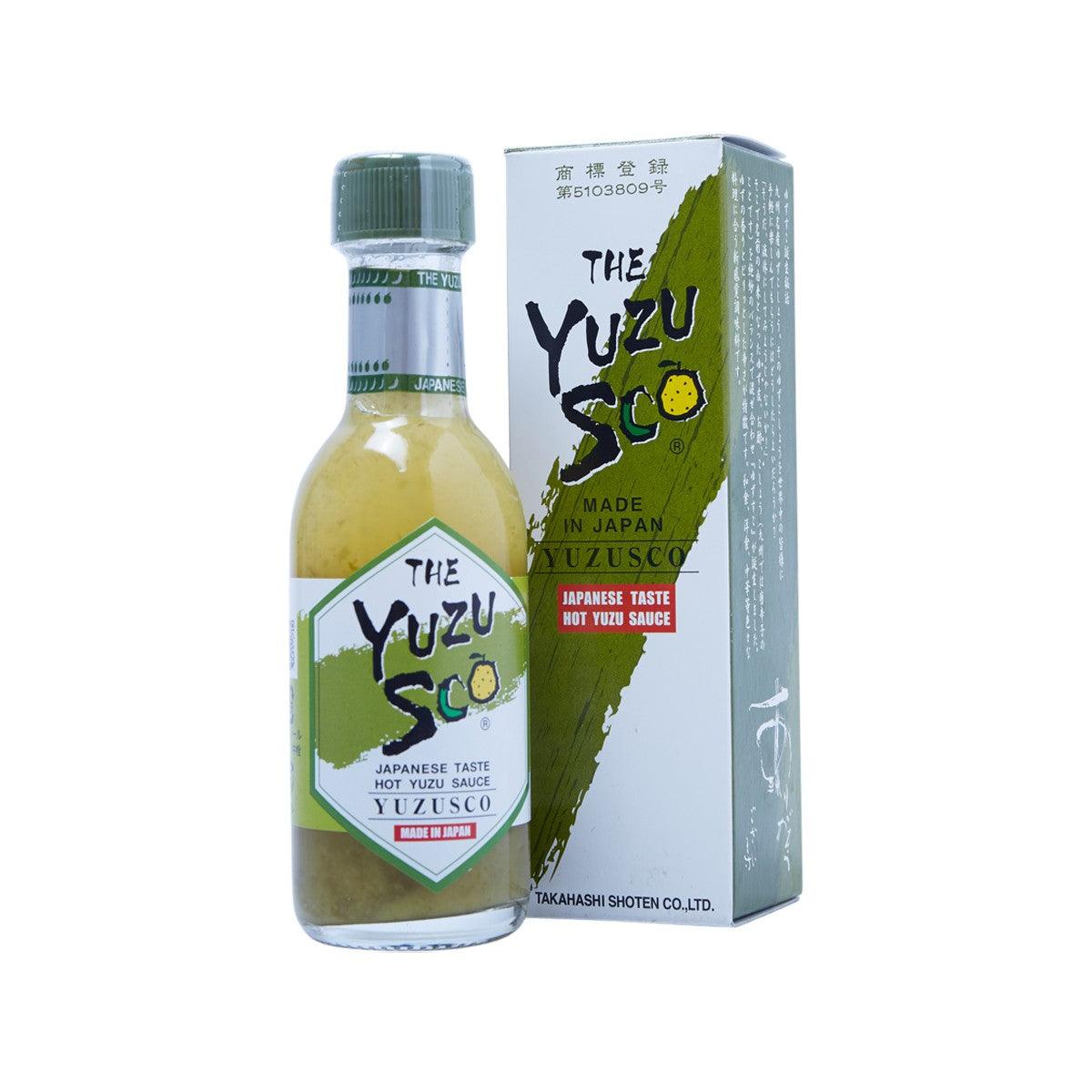 Yuzu citrus chili sauce bottle and carton, branded TAKAHASHI SHOTEN