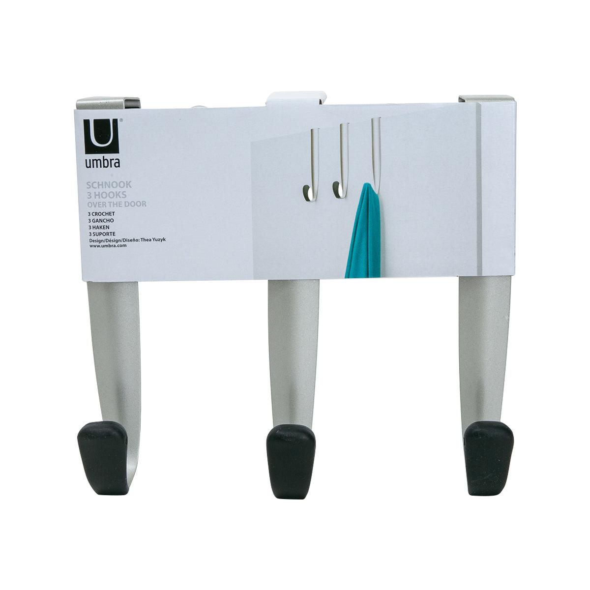 Over-the-door triple coat hooks with black hooks and nickel finish, three hook set