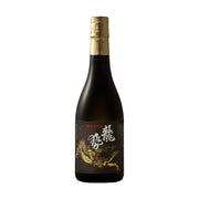 Dark glass sake bottle with gold foil cap and dragon label