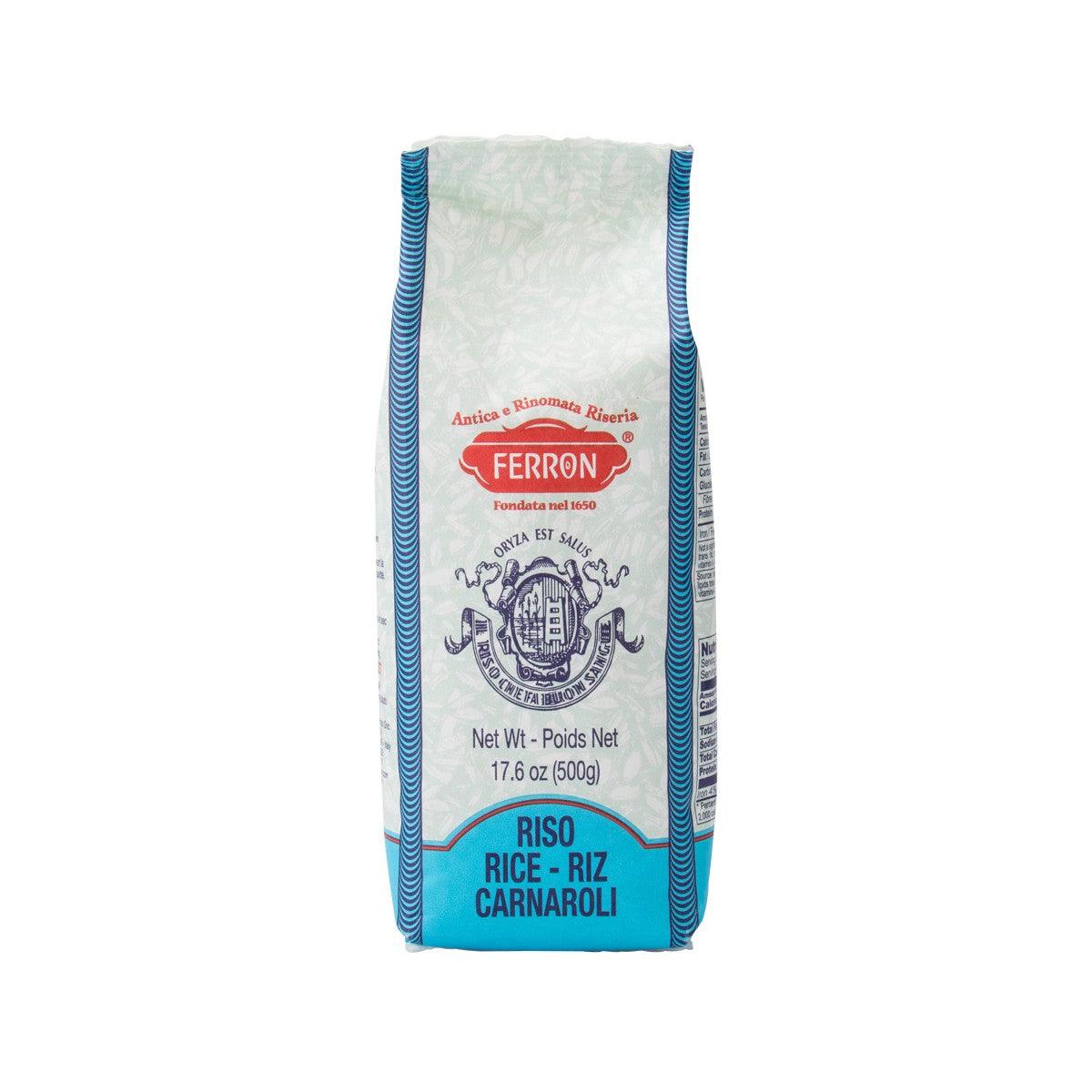 FERRON Carnaroli long grain rice bag, 500g net weight, blue accents