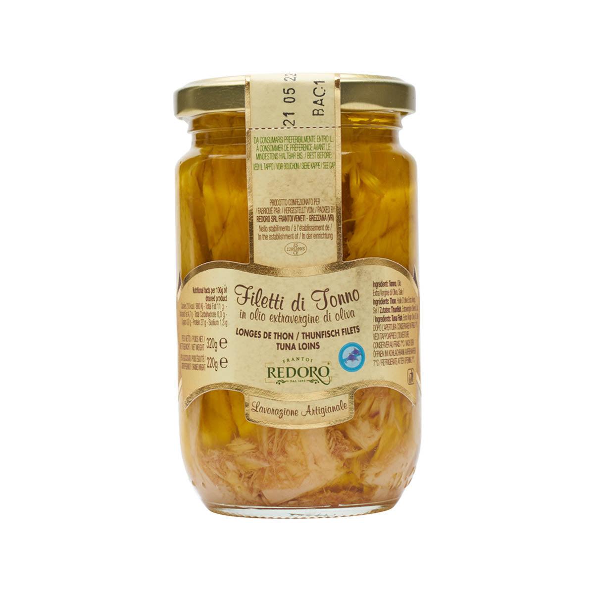 REDORO tuna fillets jar in extra virgin olive oil, gold cap, fillets in oil