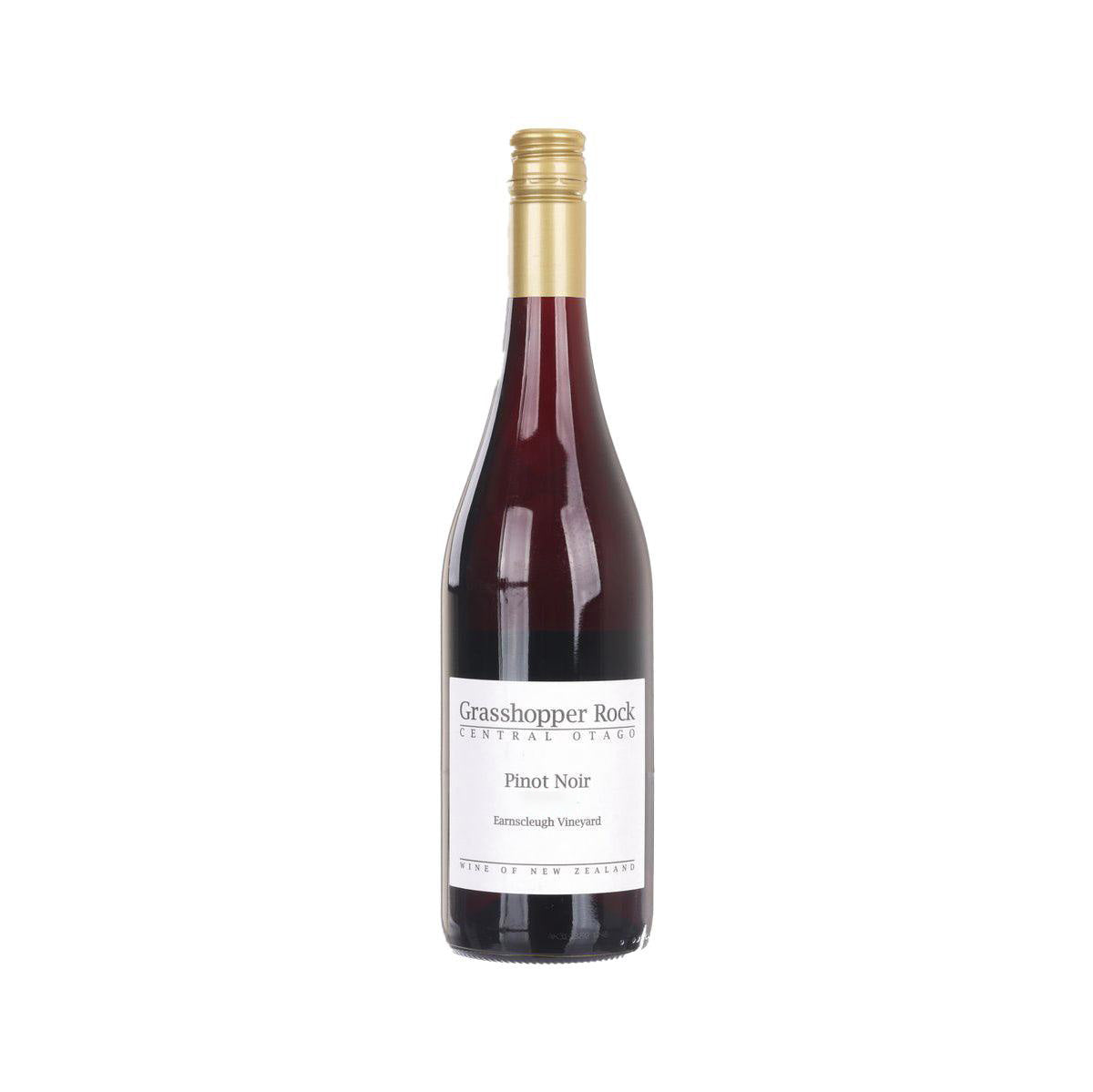 Pinot Noir wine bottle with gold cork and front label, dark red glass bottle