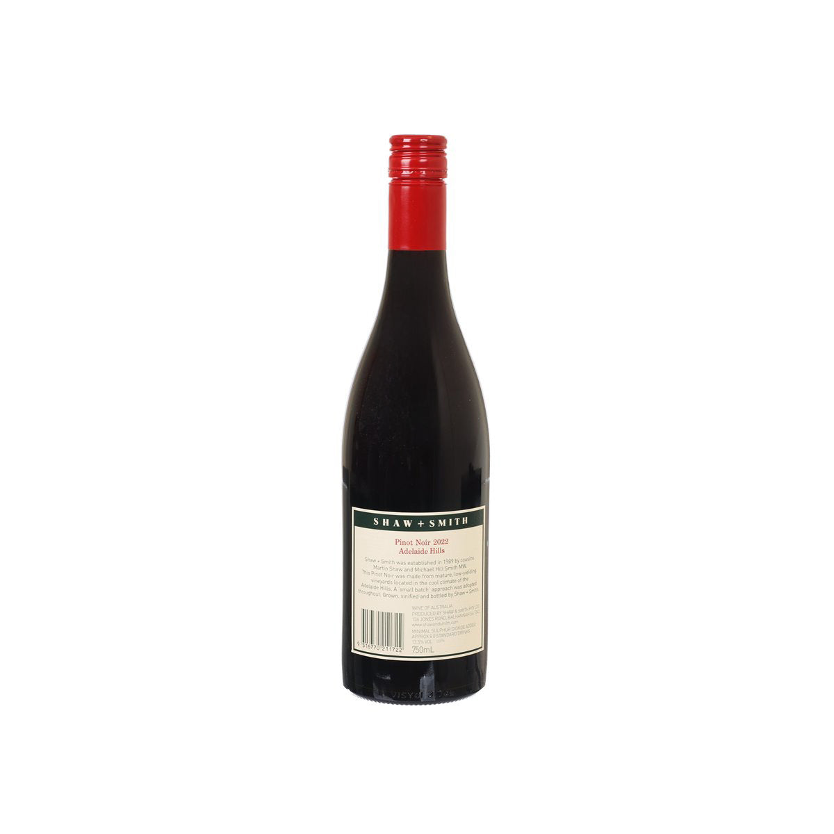SHAW & SMITH Pinot Noir wine bottle with red cap and back label