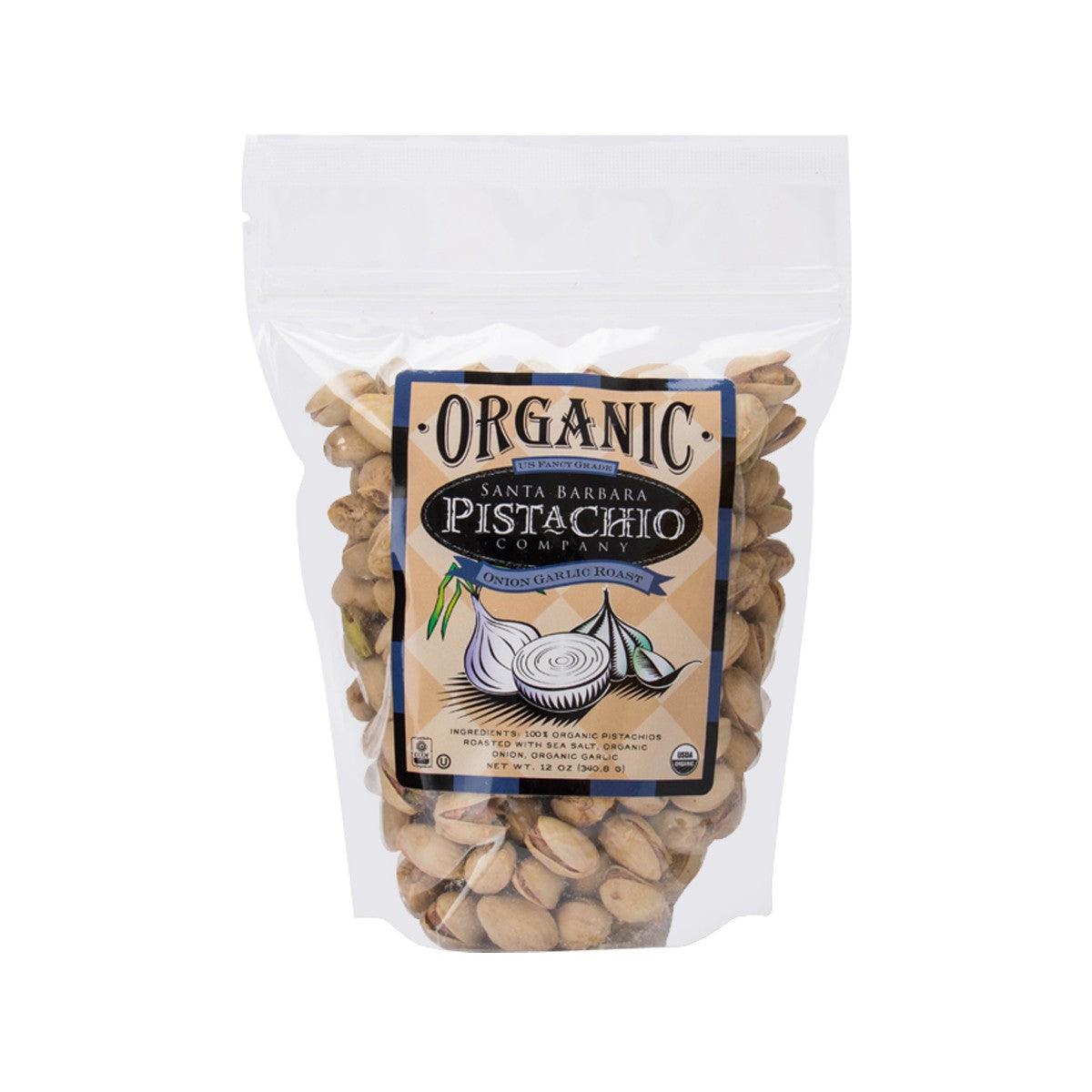 Organic roasted pistachios in resealable white pouch with front label