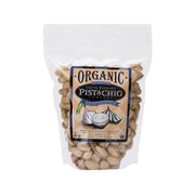 Organic roasted pistachios in resealable white pouch with front label