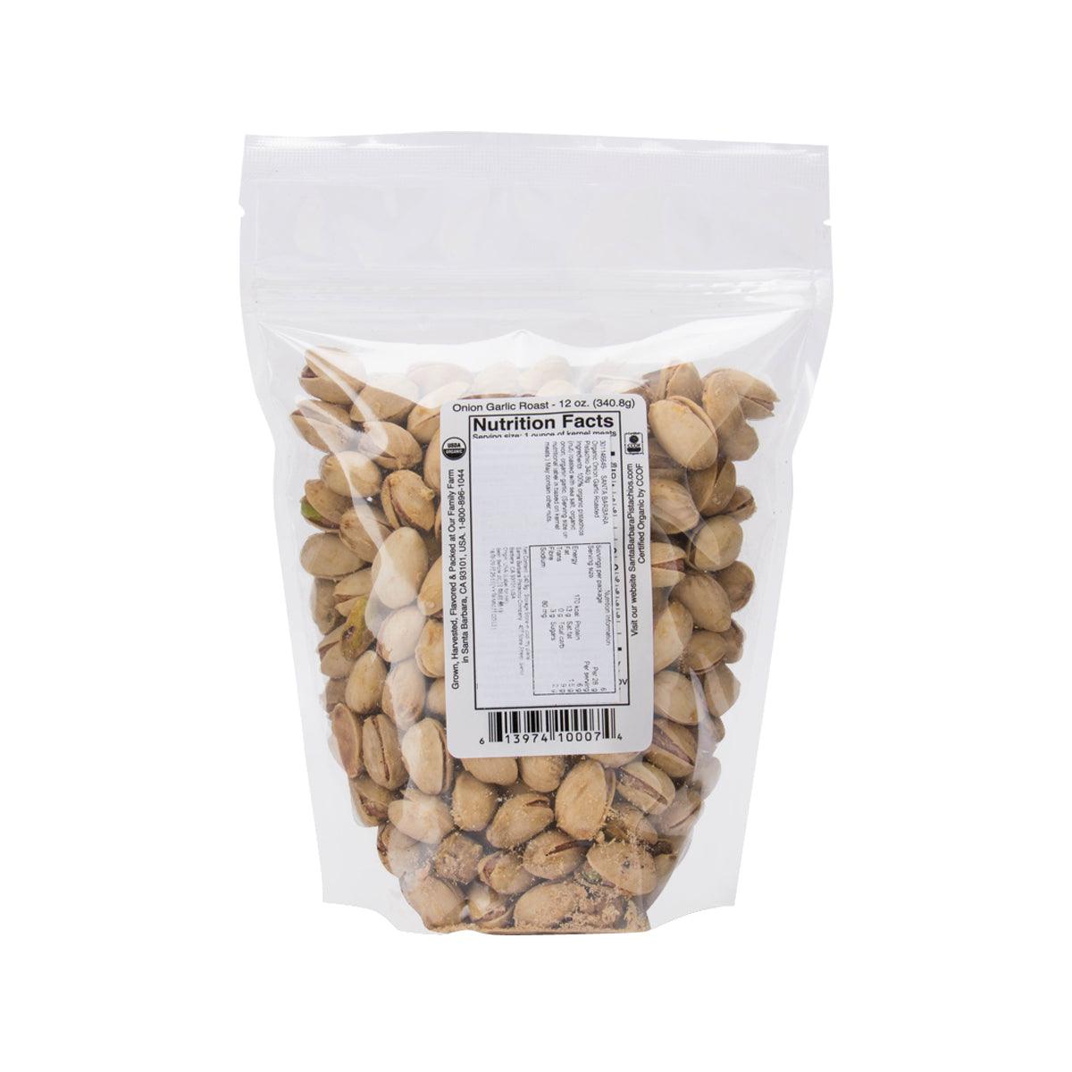 Organic roasted pistachios in white pouch with Nutrition Facts panel