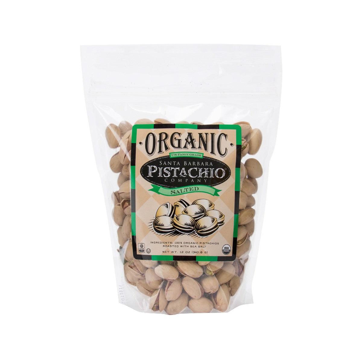 Organic salted pistachios in clear stand-up bag with green label