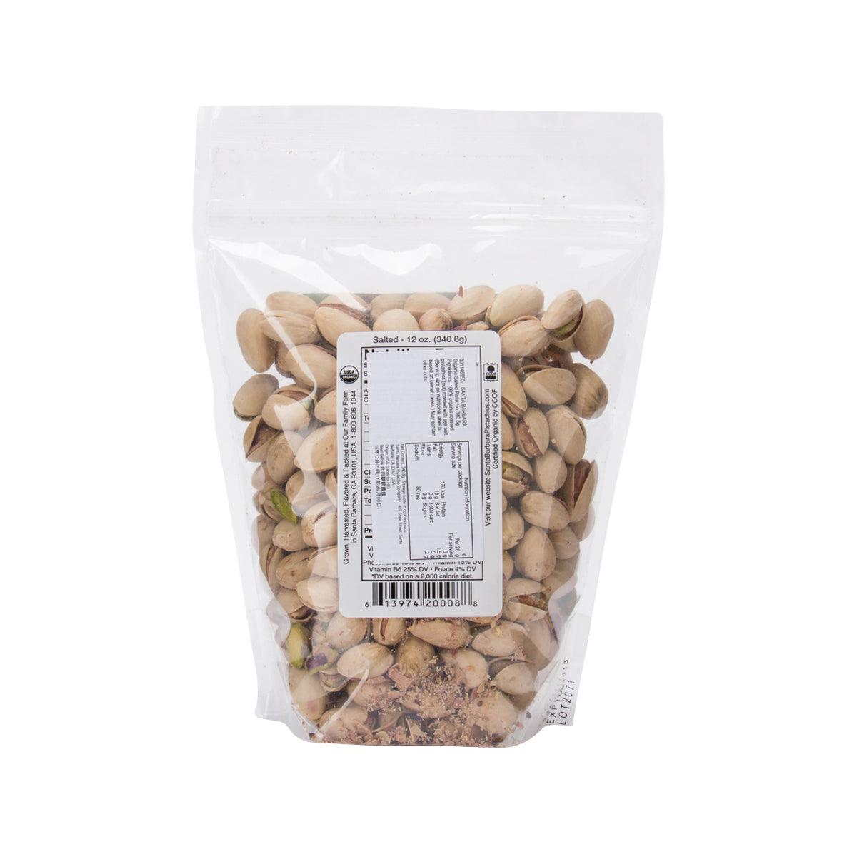 Organic salted pistachios bag with back panel nutrition and ingredient label