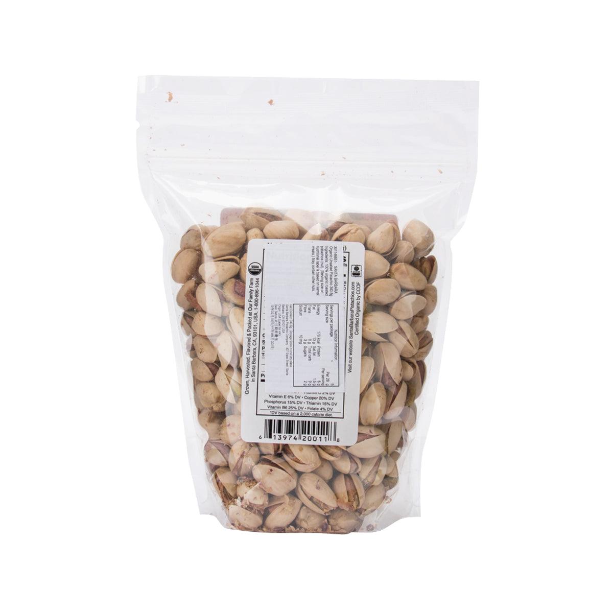 SANTA BARBARA organic unsalted pistachios, clear bag with back label